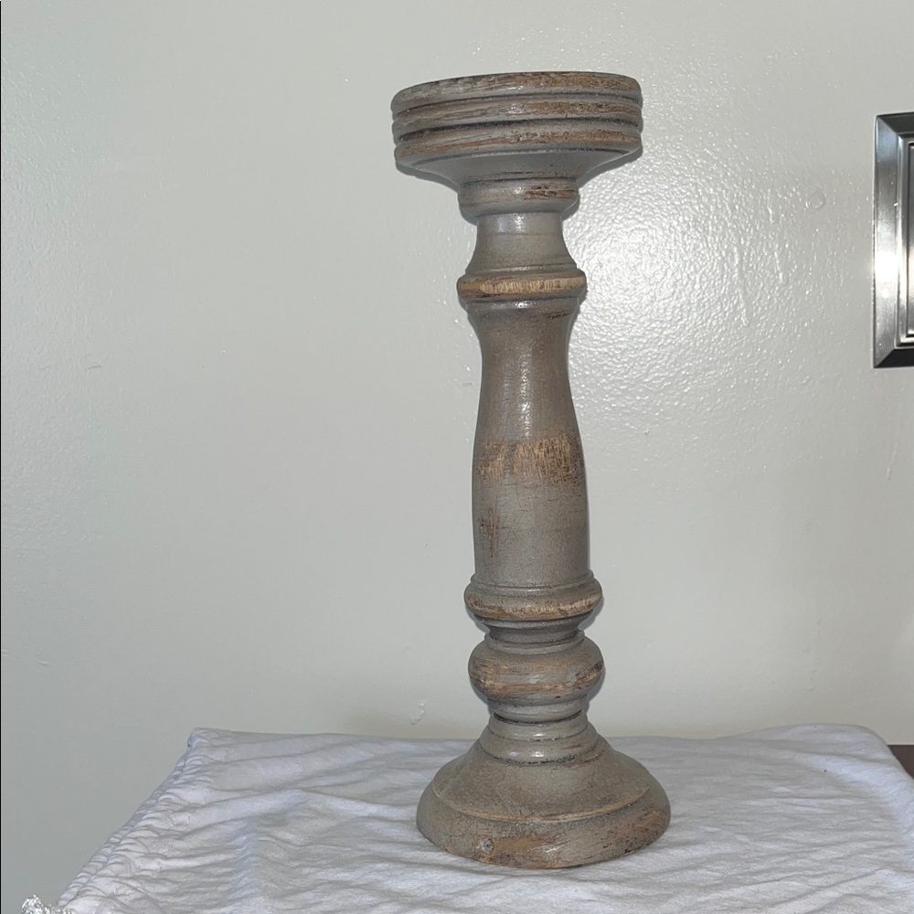 12 in Tall Rustic Greige Wooden Candle Holder